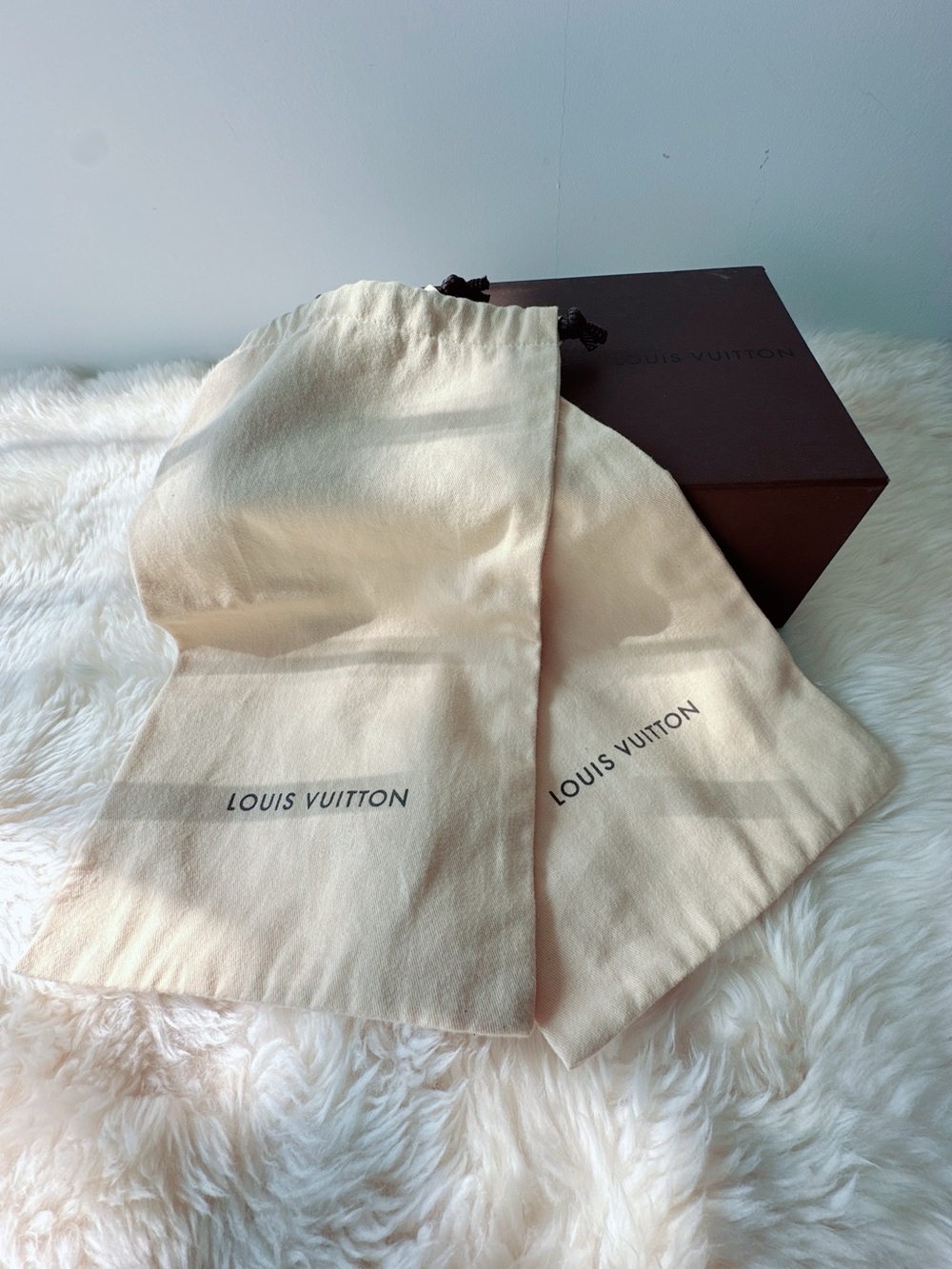 Louis Vuitton shoe box and a pair of Drawstring Dust Bags